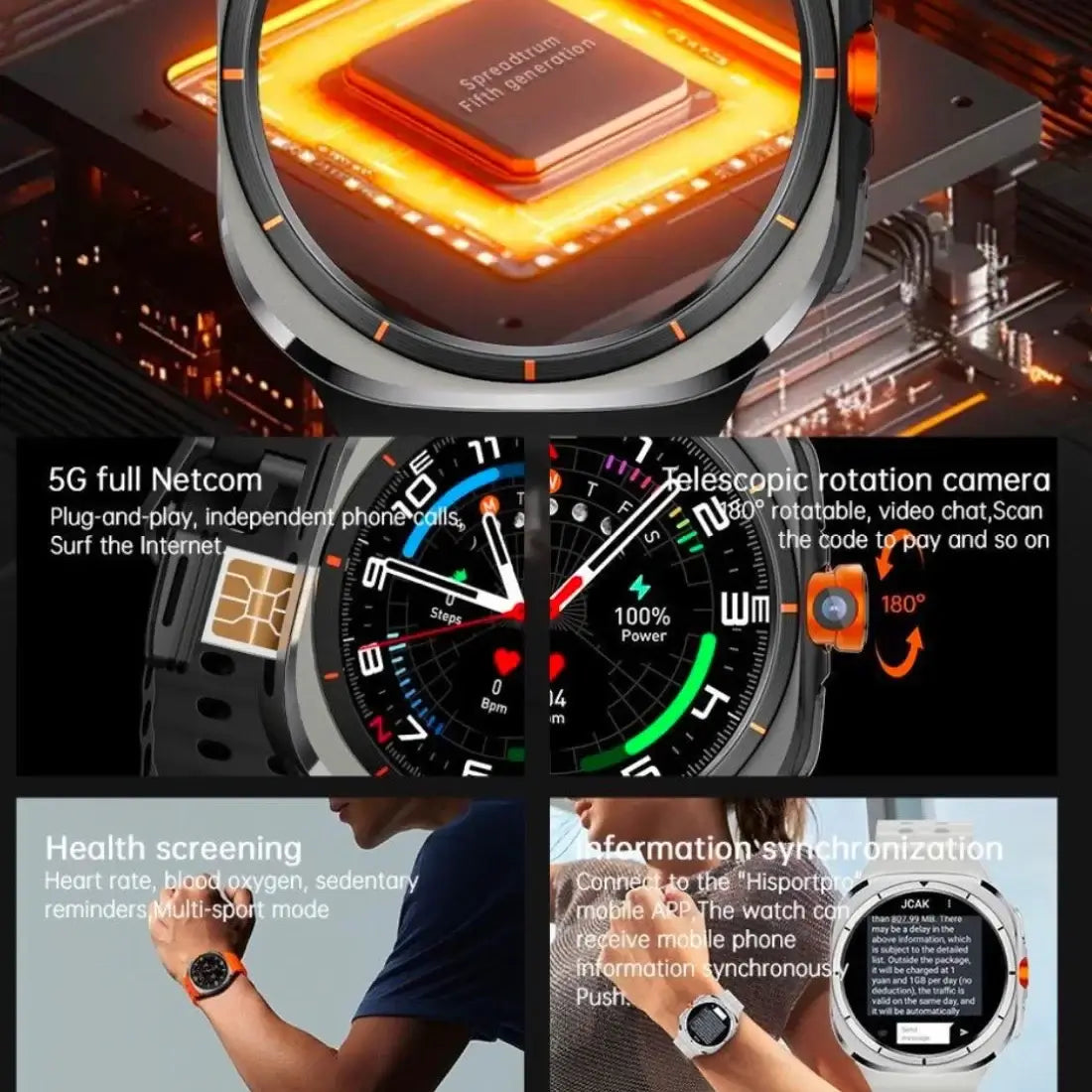 Reloj inteligente Kalobee America Ultra para chip red 4G/5G 32GB pantalla Amoled — reloj inteligente U8 Ultra 4G/5G pantalla AMOLED 32GB cámara rotatoria