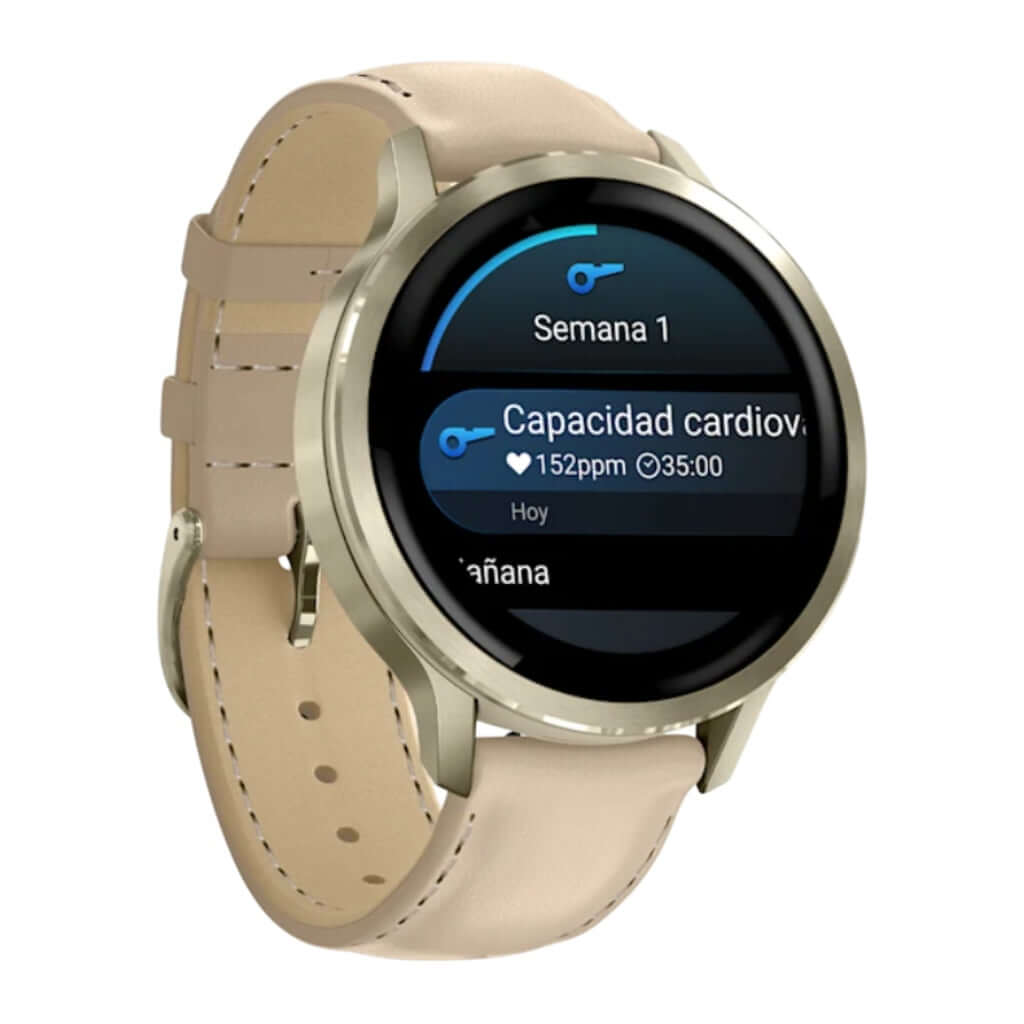 Reloj inteligente Venu® 4, 41 mm, Dorado, correa silicón blanca y cuero beige Costa Rica