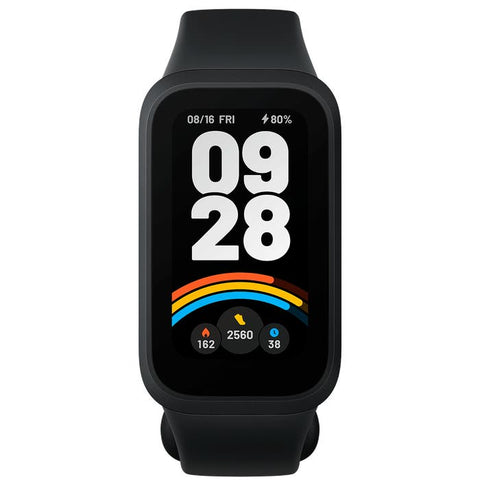 XIAOMI SMART BAND 9 ACTIVE NEGRO con pantalla TFT de 1.47 pulgadas muestra estado de batería y actividad física en diseño elegante.