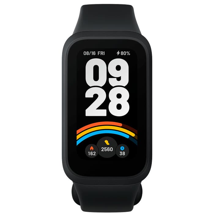 XIAOMI SMART BAND 9 ACTIVE NEGRO con pantalla TFT de 1.47 pulgadas muestra estado de batería y actividad física en diseño elegante.