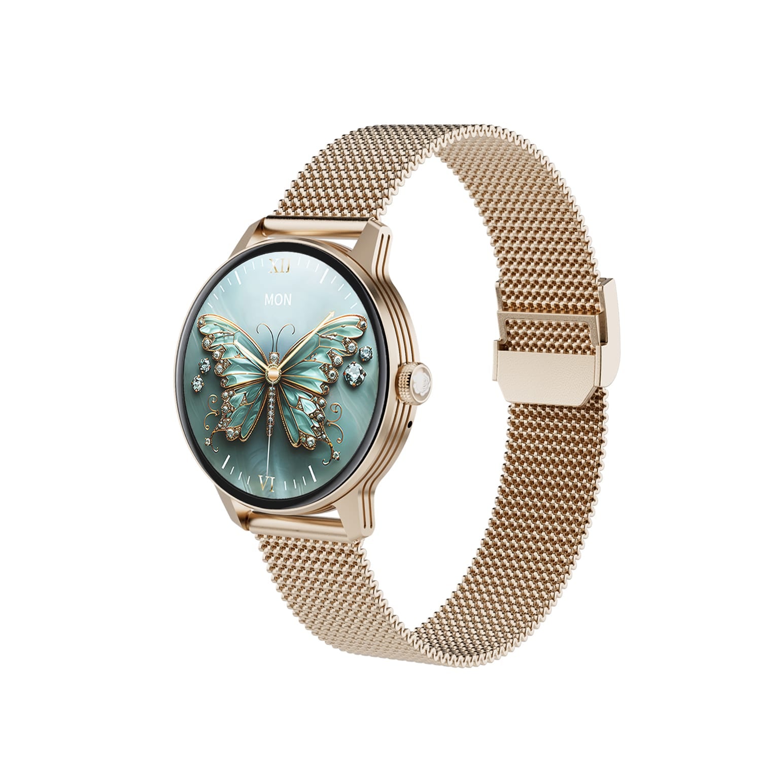 Reloj inteligente Zordai Od9 Pro para mujer en dorado con brazalete malla y esfera AMOLED decorada con mariposa