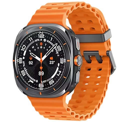 Reloj Samsung Galaxy Watch Ultra gris con correa naranja y pantalla táctil.