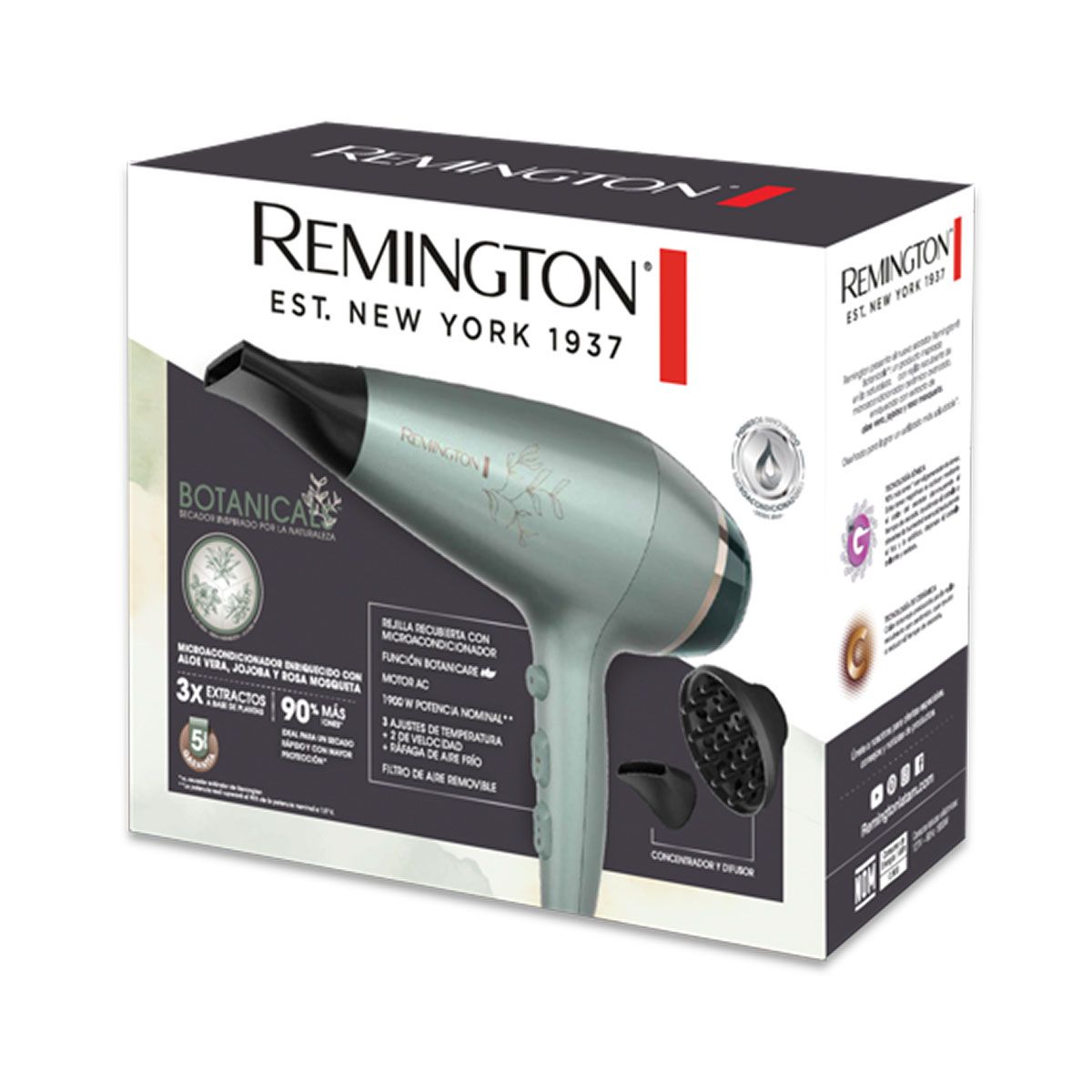 Caja del secador de pelo Remington Secadora cabello botanicals D27A-110F con tecnología iónica y microacondicionadores.