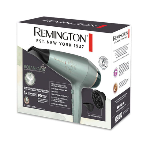 Caja del secador de pelo Remington Secadora cabello botanicals D27A-110F con tecnología iónica y microacondicionadores.