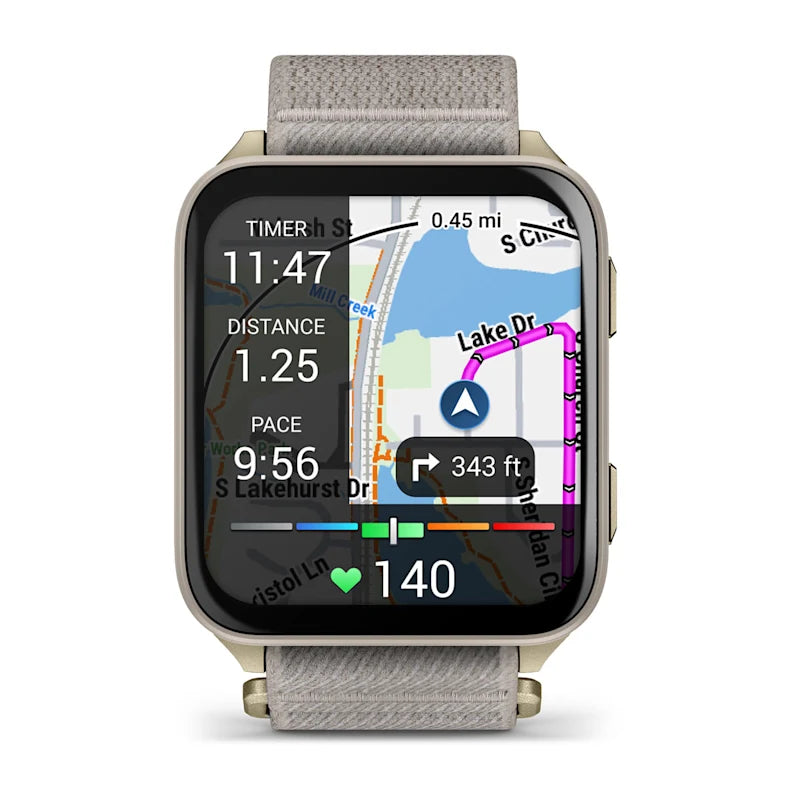 Reloj inteligente GARMIN Venu® X1 Dorado con pantalla AMOLED mostrando mapas integrados y métricas deportivas avanzadas.