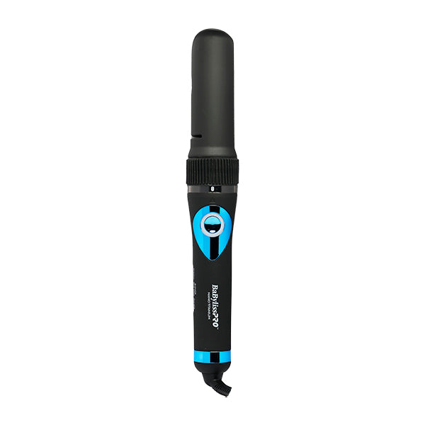 Rizadora Miracurl 3/4 Bi Bolt Edición limitada BabyLiss Pro - rizador negro y azul, primer plano del barril y mango