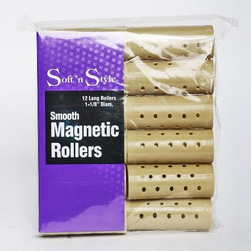 RULO MAGNETICO SANDY 1  1/8 beige magnetic hair rollers pack showing 12 long smooth perforated rollers