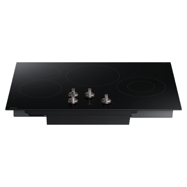 Cooktop eléctrico Samsung 30" con superficie negra, cuatro quemadores y mandos frontales para una fácil operación.