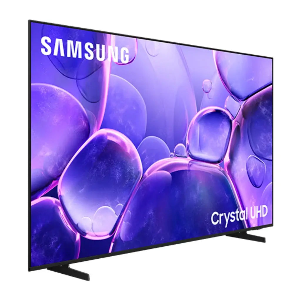 Pantalla Samsung 65" 4K UHD mostrando tecnología Crystal UHD con colores vibrantes y diseño moderno.