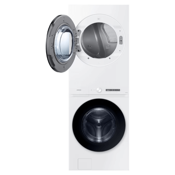 Torre de Lavado Samsung  Bespoke 22 Kg  Electrica con Laundry Hub Blanca vista frontal con tambor abierto y diseño vertical ahorrador de espacio