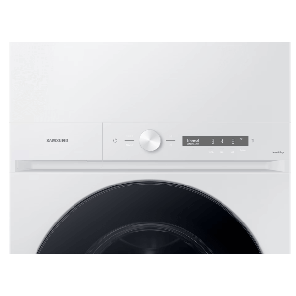 Panel de control de la torre de lavado Samsung Bespoke 22 Kg, diseño moderno y funcional, ideal para espacios reducidos.