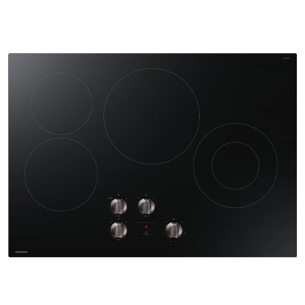 Cooktop eléctrico Samsung 30" con 4 superficies de calor y mandos frontales, diseño elegante para cocinas modernas.