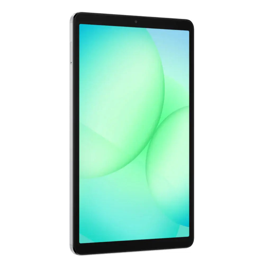 Tablet Samsung Galaxy Tab A11 LTE en color gris y pantalla de 8.7 pulgadas con fondo verde.