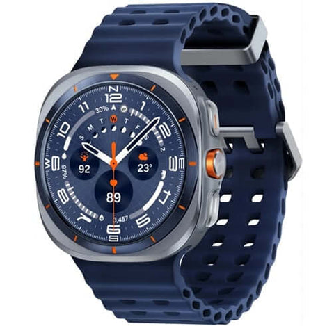 Reloj Samsung Galaxy Watch Ultra azul con diseño moderno y correa de silicona azul.