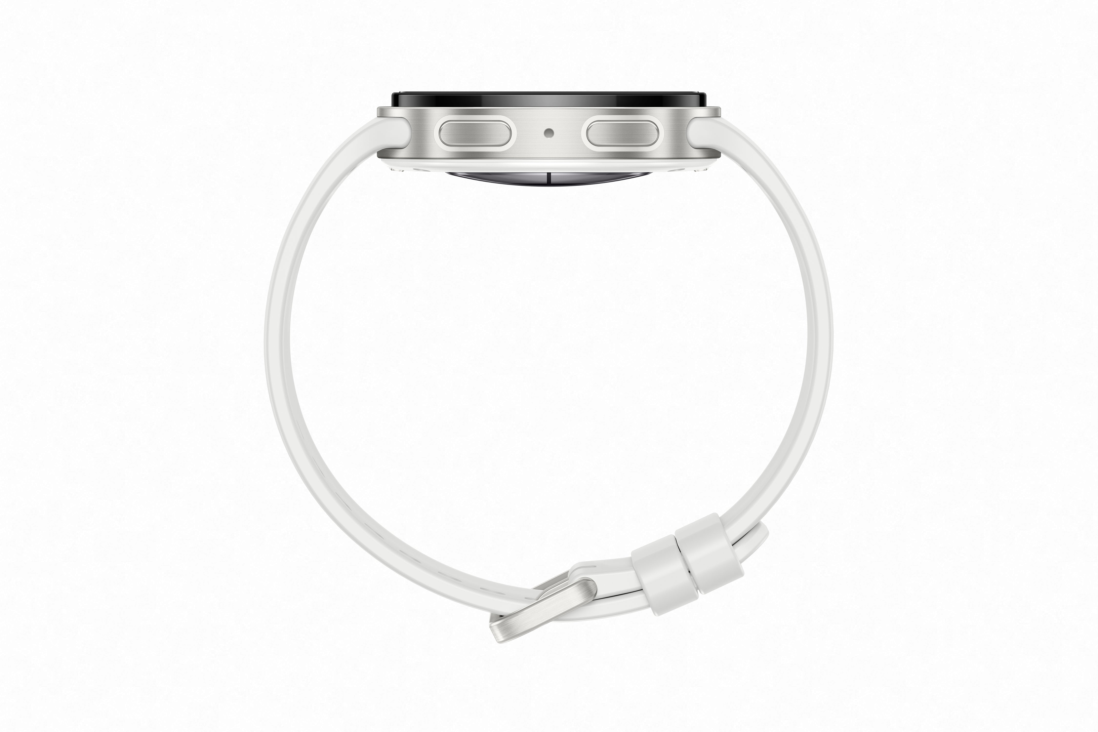 Vista lateral del Reloj inteligente Galaxy Watch 9 44 mm plateado y su correa blanca