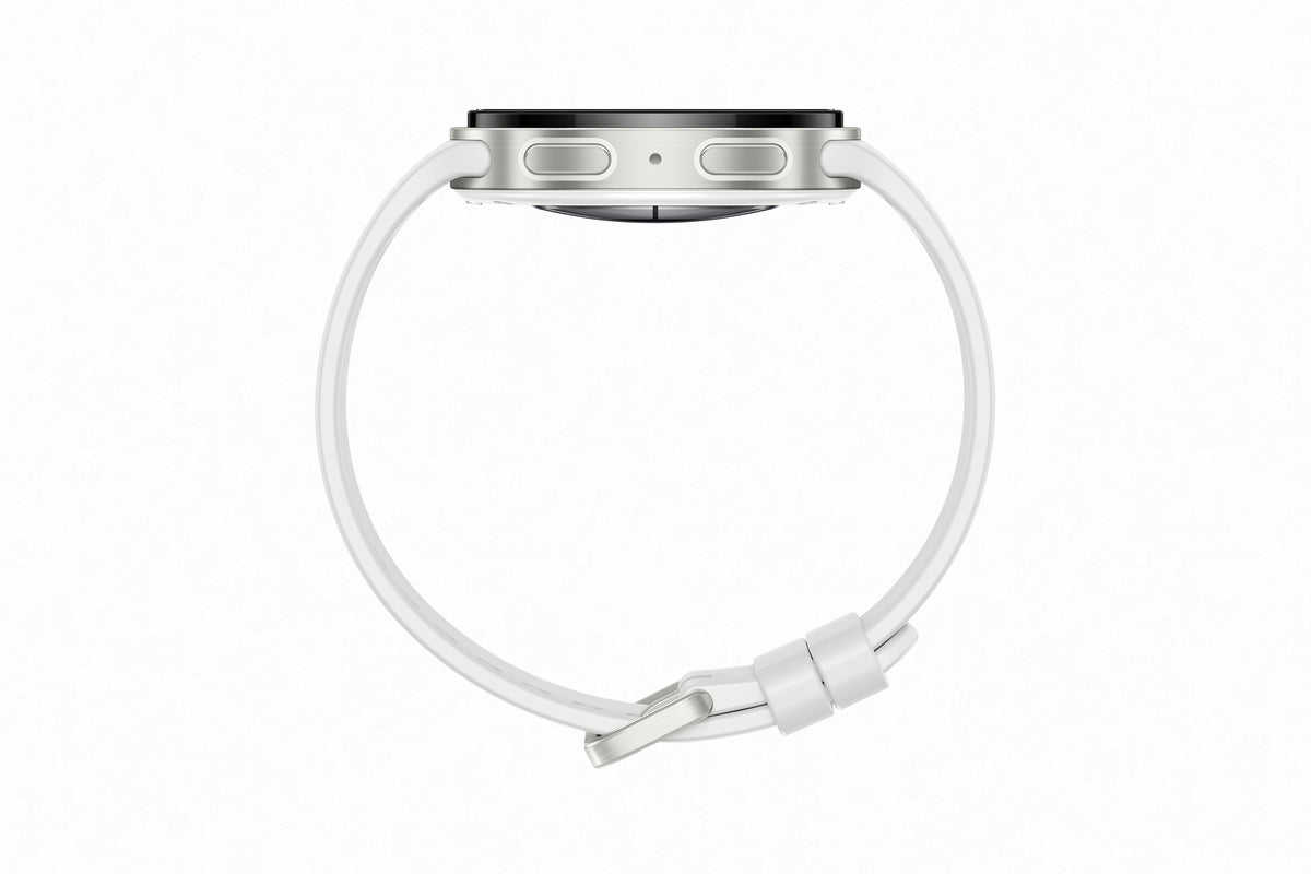 Vista lateral del Reloj inteligente Galaxy Watch 9 44 mm plateado y su correa blanca