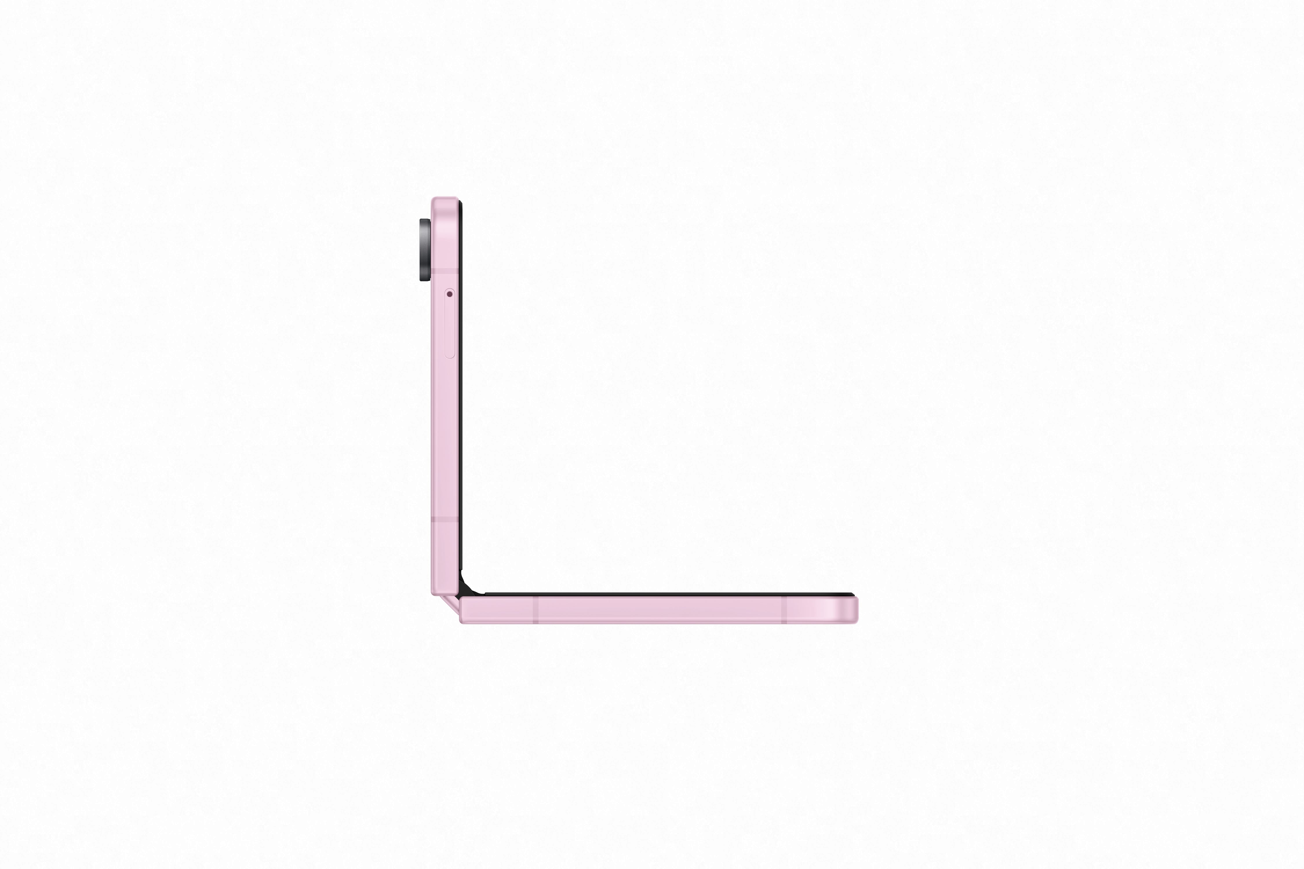 Side view of the Teléfono Celular Samsung Galaxy Z Flip8 in an open position, showing its sleek foldable design.