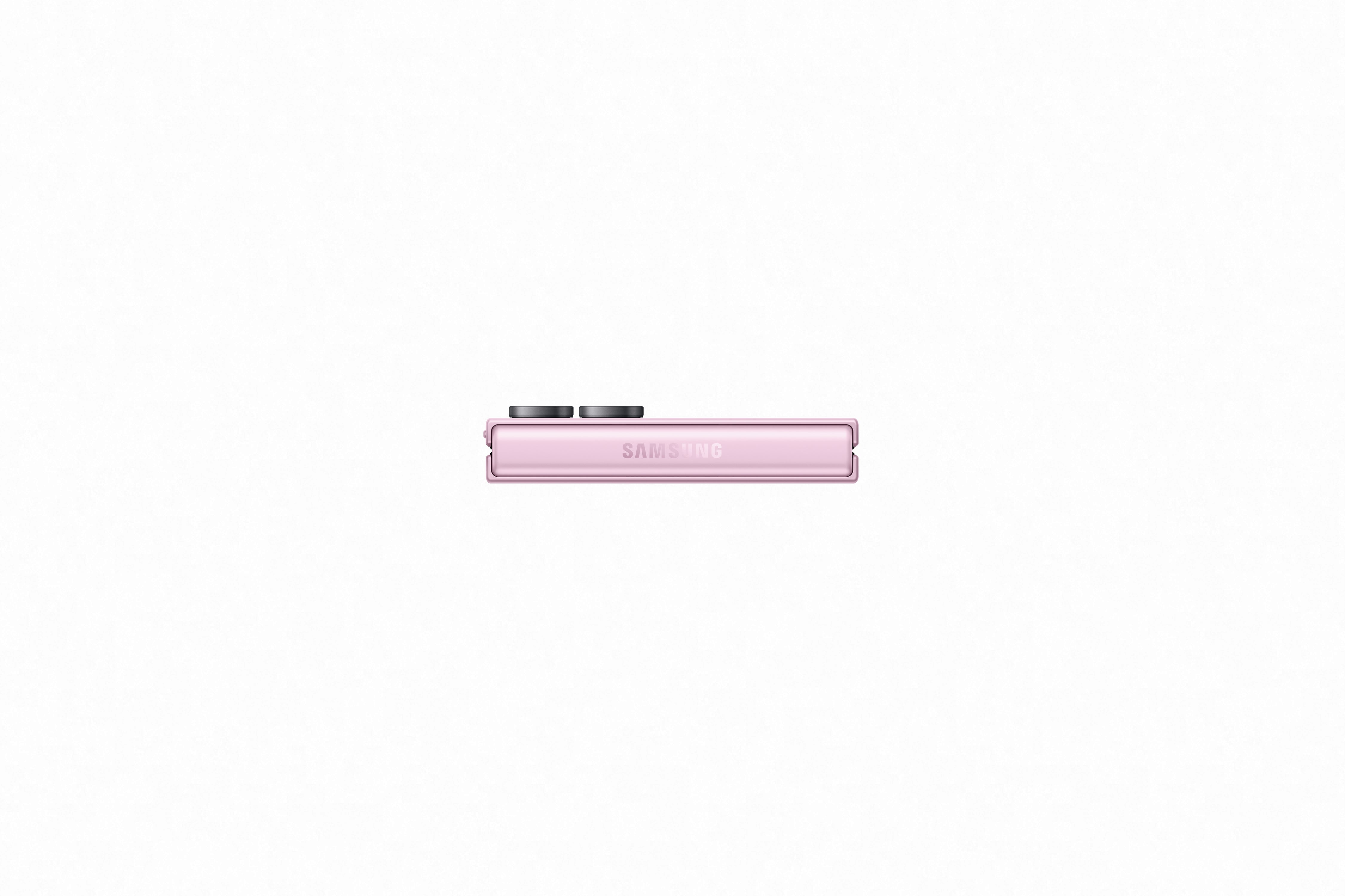 Teléfono Celular Samsung Galaxy Z Flip8 plegado en color rosa con el logotipo visible