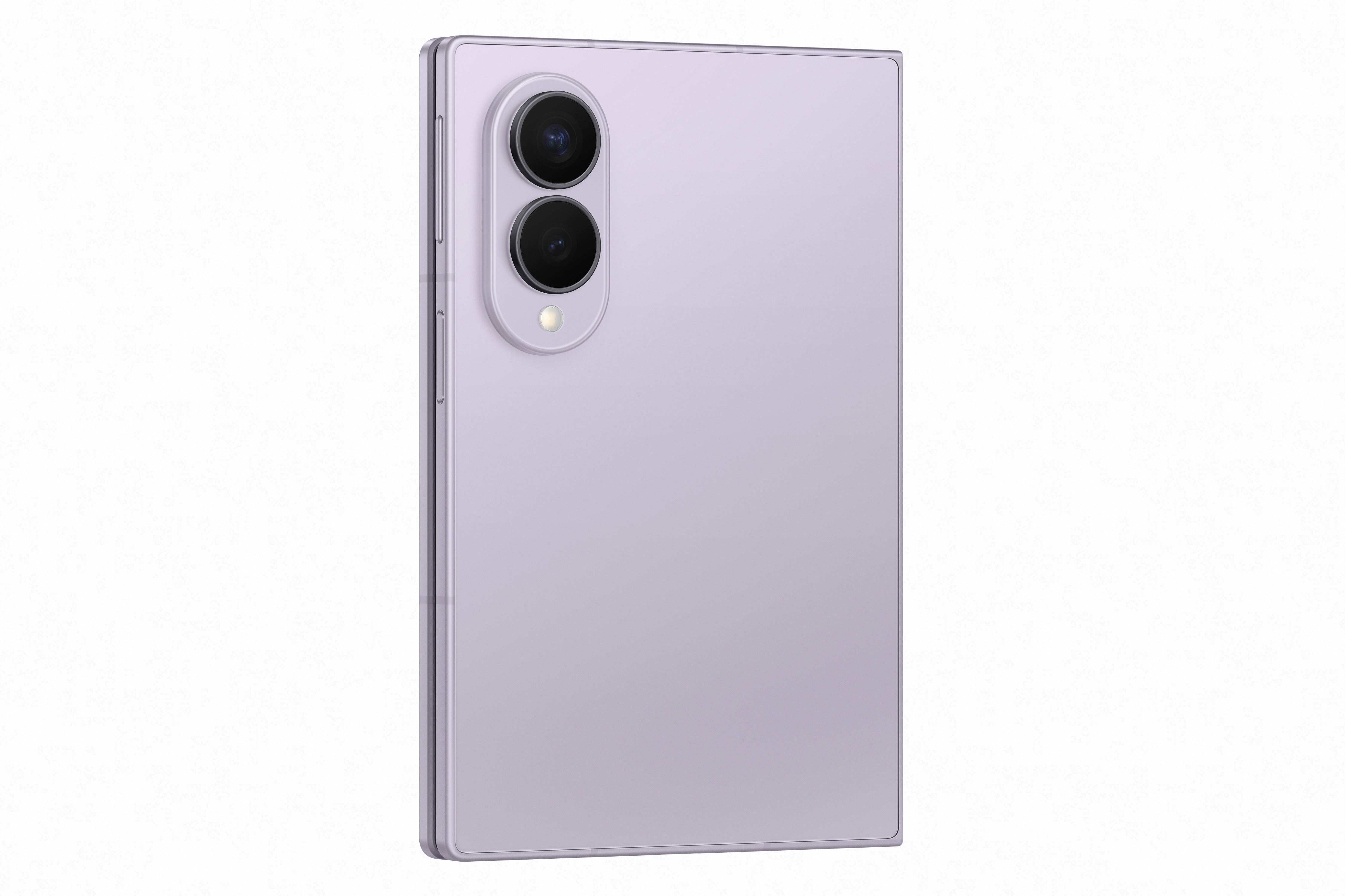 Back view of Celular Samsung Galaxy Z Fold8 5G 12GB RAM in lavender color with dual-camera setup.