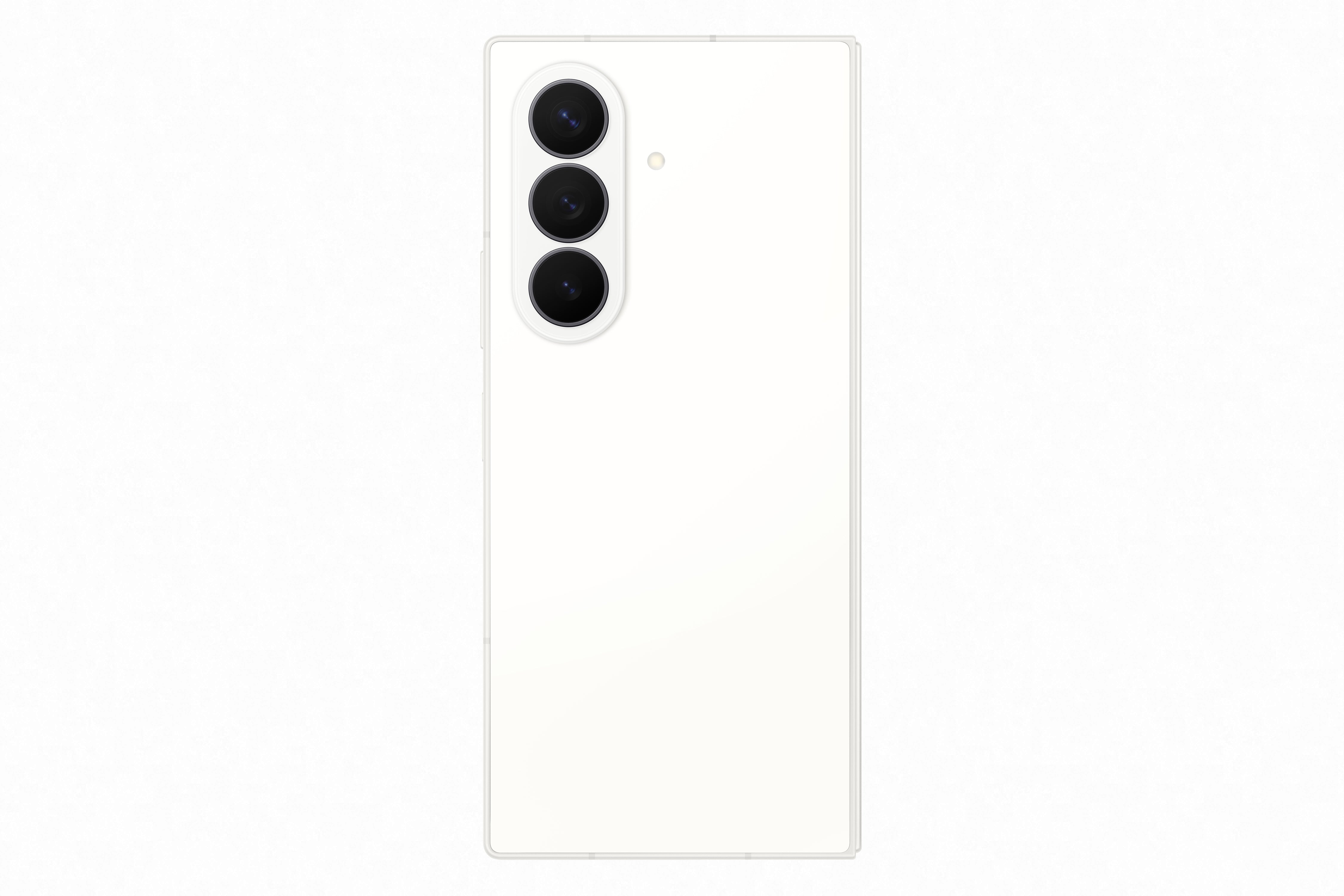 Teléfono celular Galaxy Z Fold8 Ultra de Samsung blanco, vista trasera, destacando triple cámara y diseño plegable elegante.