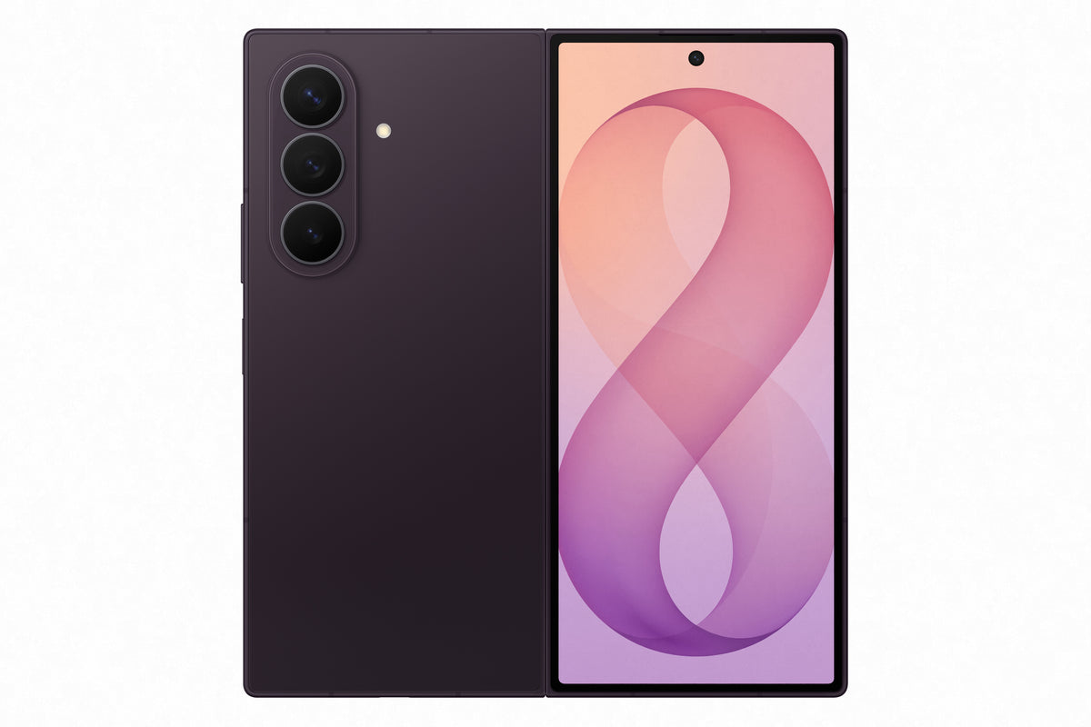 Telefono celular Galaxy Z Fold8 Ultra 5G en color Techno Violet, mostrando diseño plegable y pantalla grande.