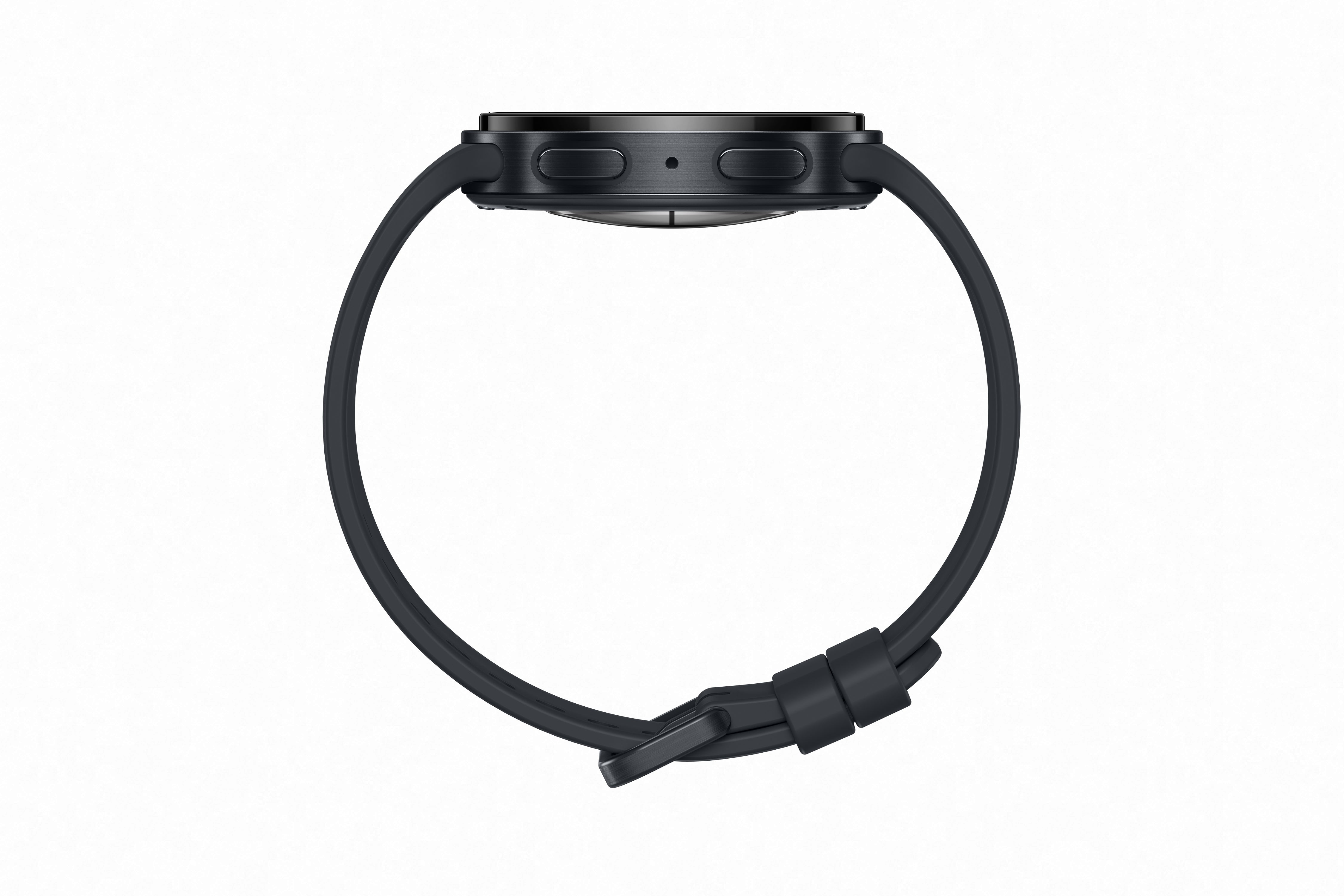 Lateral view of Reloj Galaxy Watch 9 44 mm negro showcasing sleek black strap design.