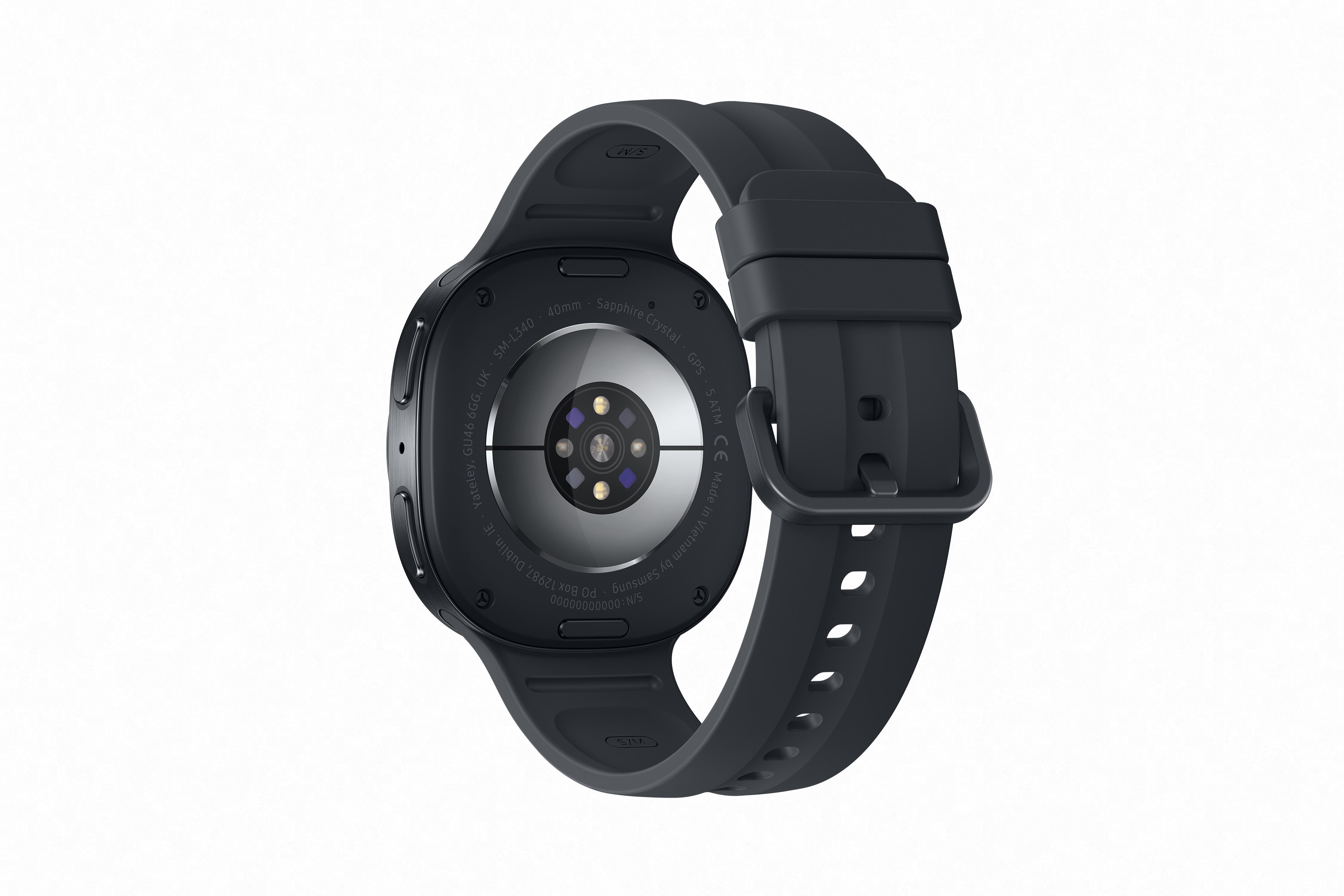 Vista trasera del Reloj Galaxy Watch 9 44 mm negro, mostrando el sensor de salud.