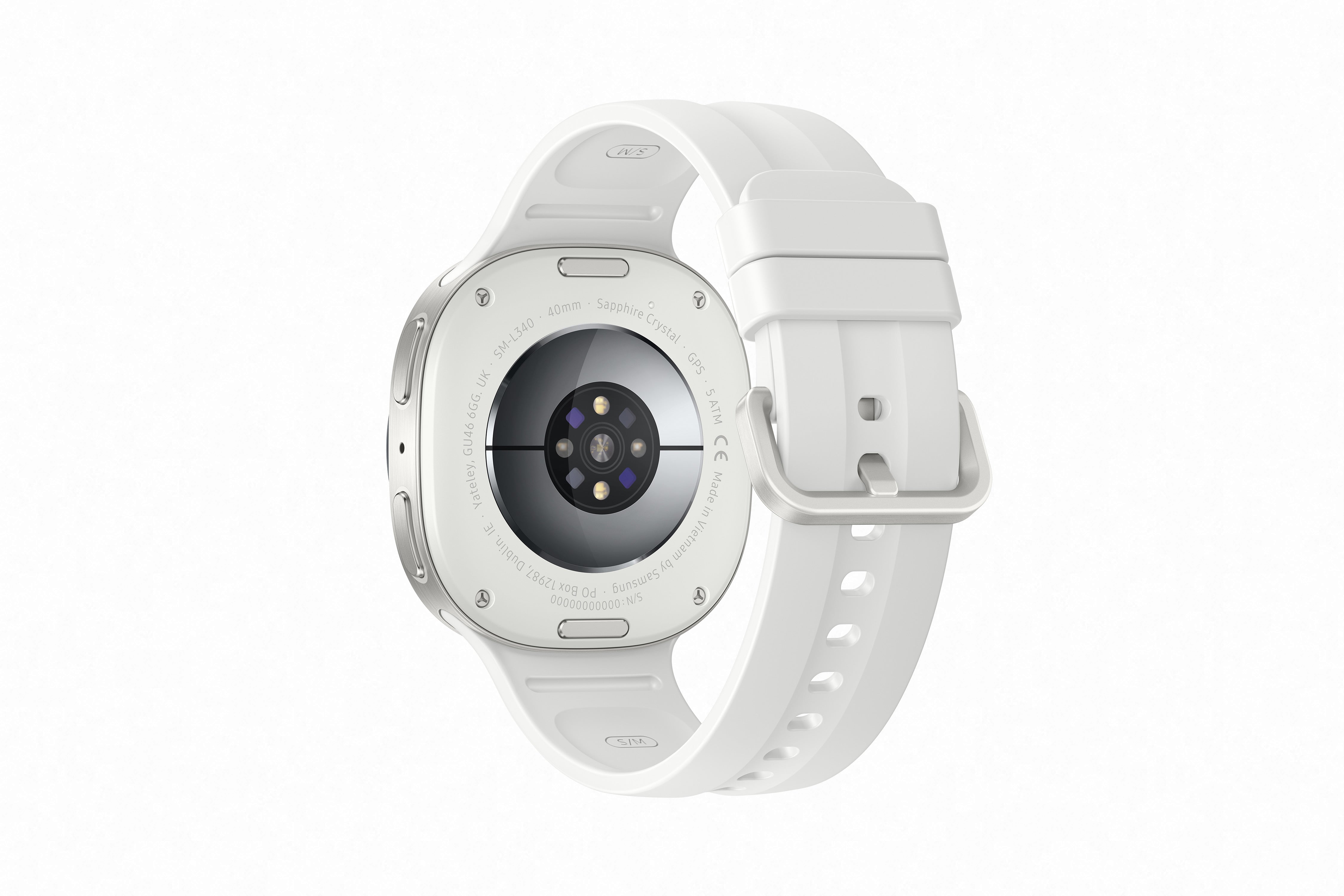 Vista trasera del Reloj inteligente Galaxy Watch 9 44 mm plateado con correa blanca y sensor de salud visible.