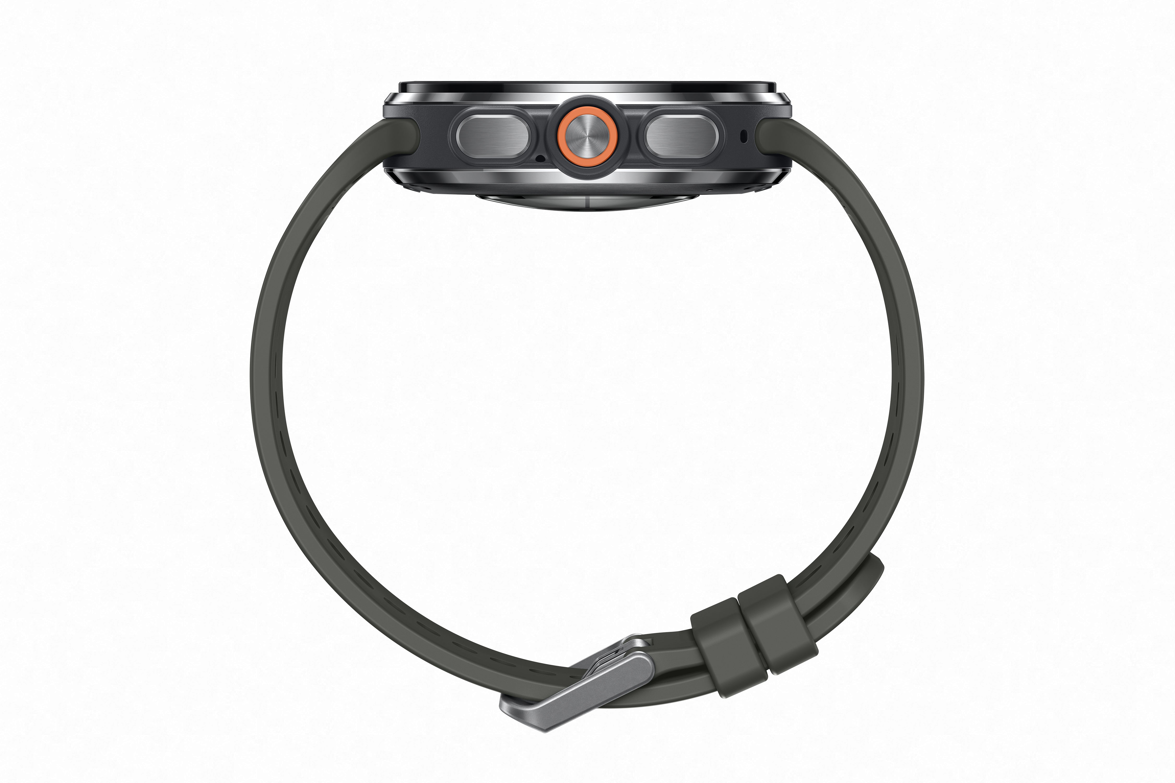 Perfil lateral del Reloj inteligente Galaxy Watch Ultra 2 Samsung con correa de titanio gris