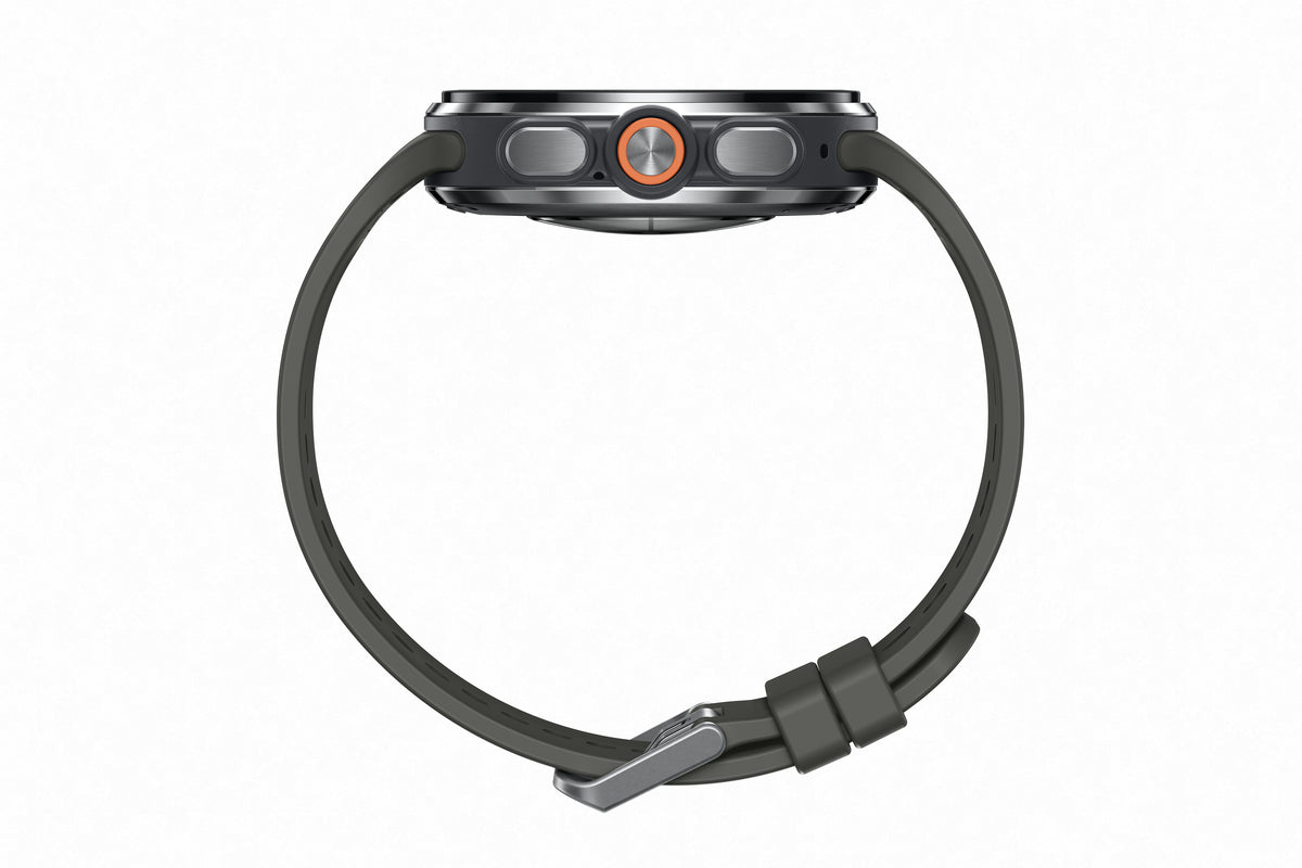 Perfil lateral del Reloj inteligente Galaxy Watch Ultra 2 Samsung con correa de titanio gris