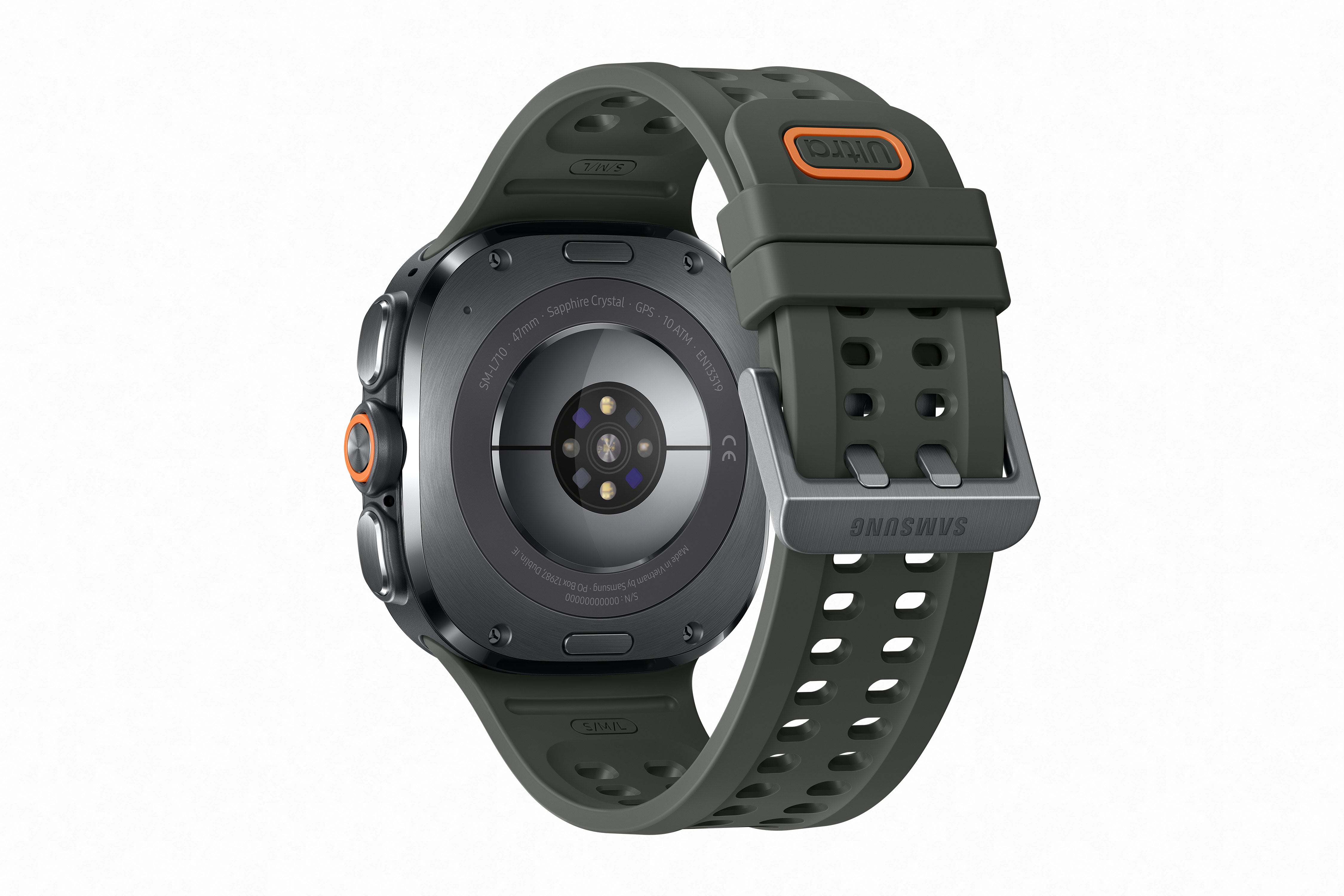 Parte trasera del Reloj inteligente Galaxy Watch Ultra 2 Samsung con correa deportiva en color verde militar y broche plateado.