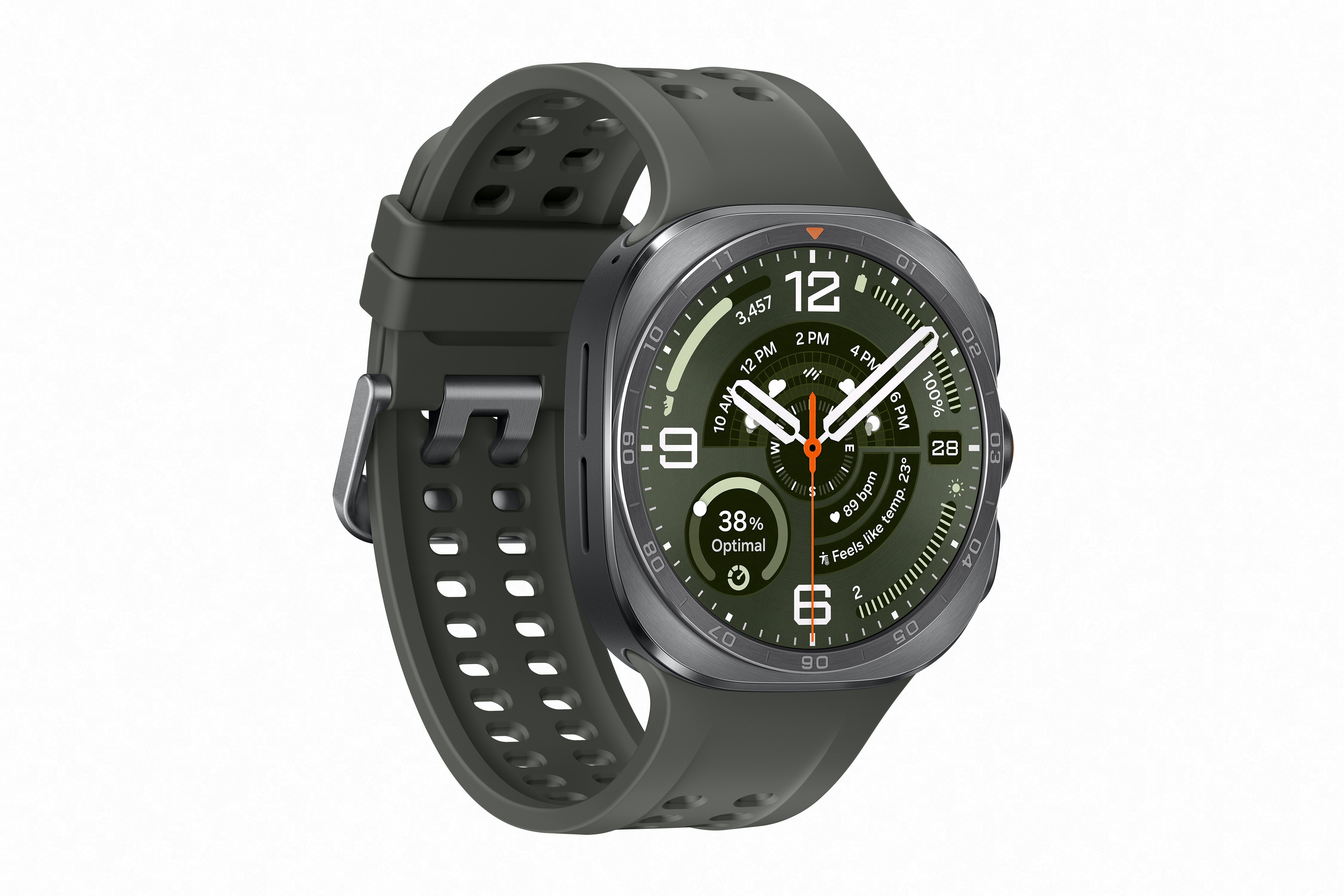 Reloj inteligente Galaxy Watch Ultra 2 Samsung con dial plateado y cuerpo de titanio, ideal para deportes extremos y uso diario.