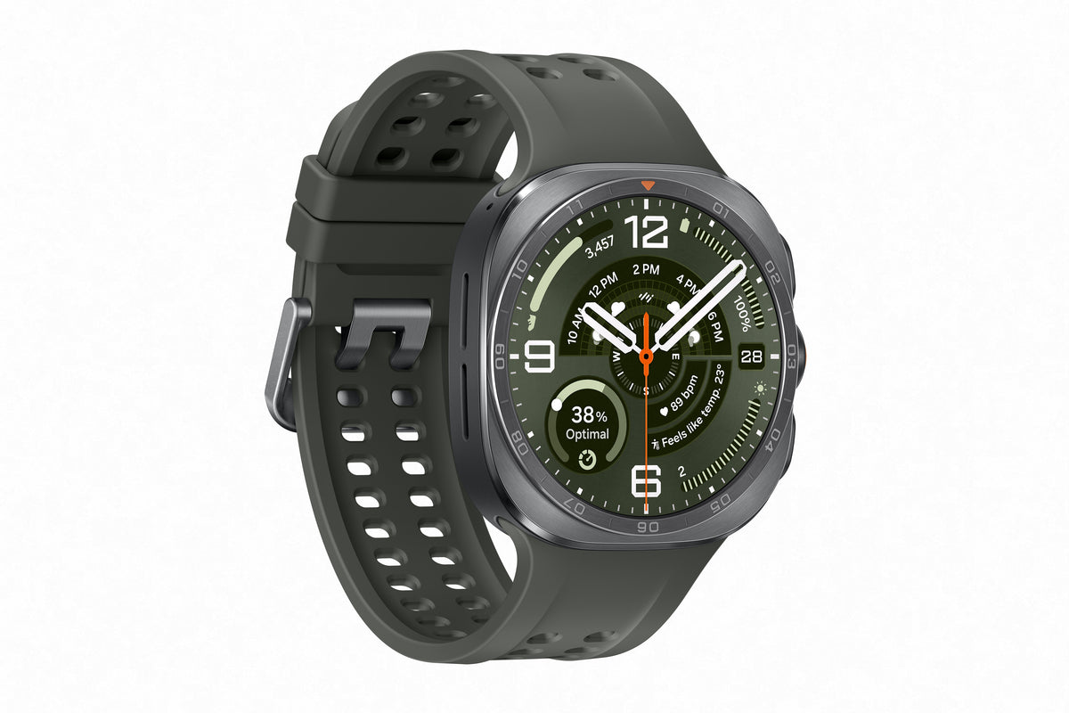 Reloj inteligente Galaxy Watch Ultra 2 Samsung con dial plateado y cuerpo de titanio, ideal para deportes extremos y uso diario.