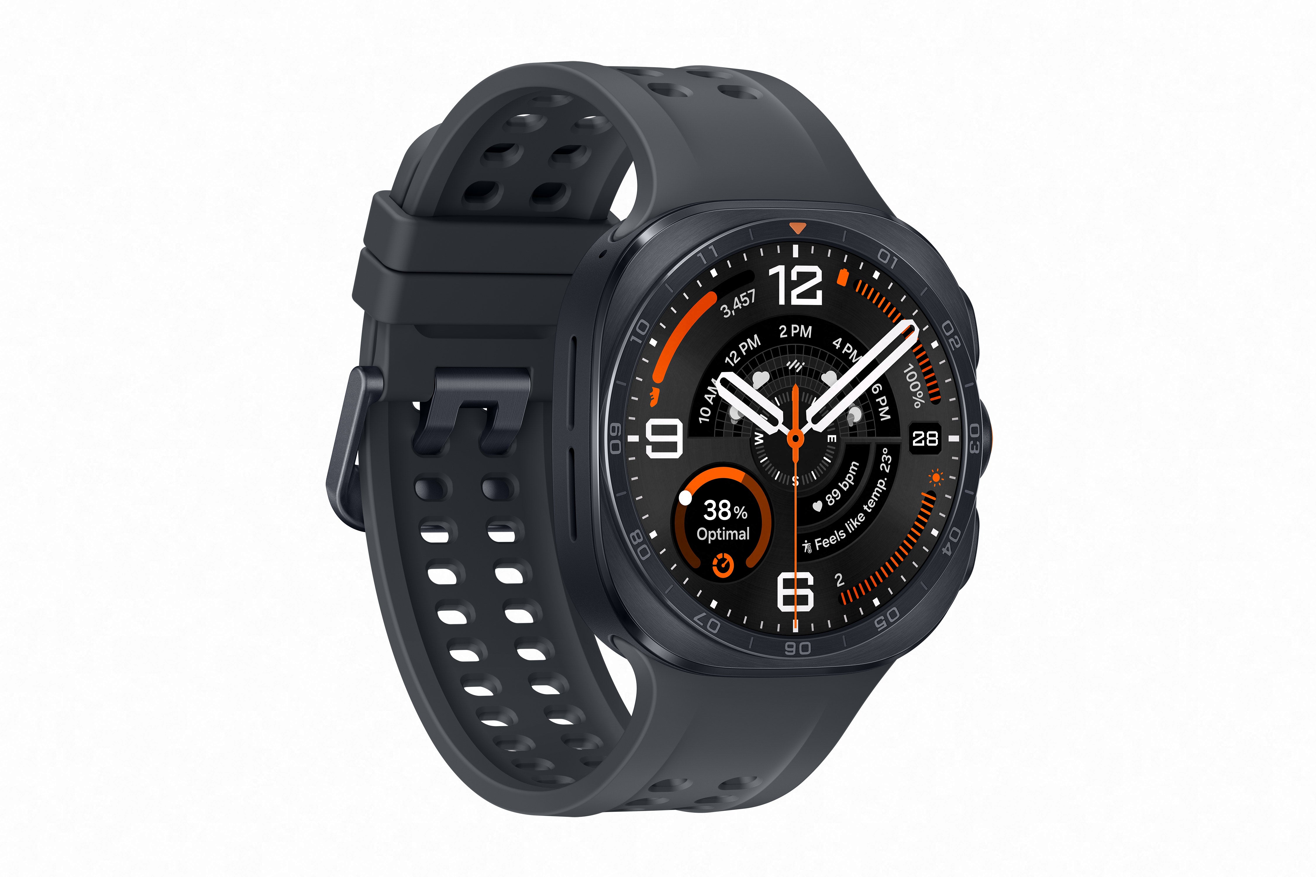 Reloj inteligente Galaxy Watch Ultra 2 Samsung con cuerpo de titanio y dial negro, diseñado para rendimiento y elegancia