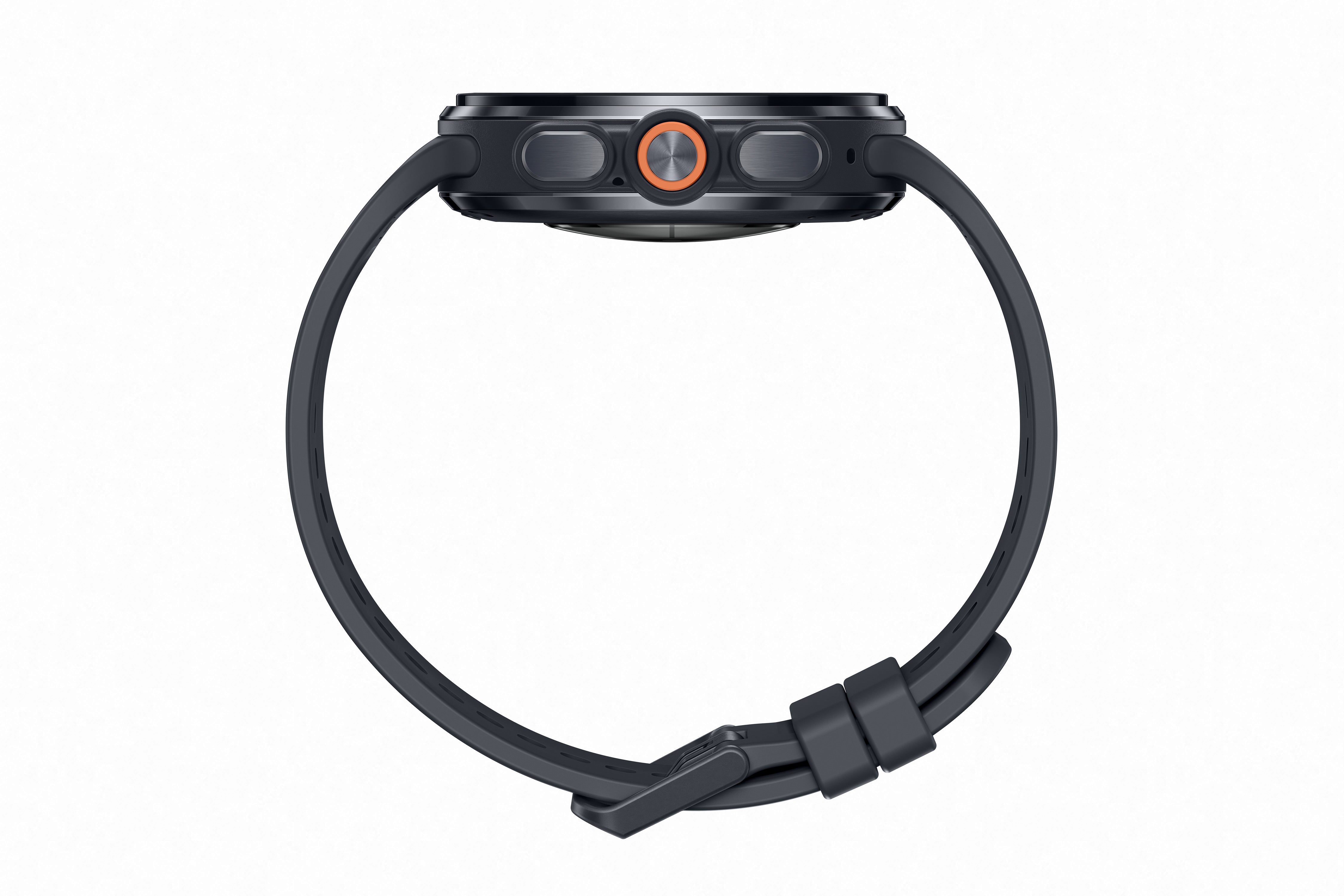 Reloj inteligente Galaxy Watch Ultra 2 Samsung con diseño de titanio y cristal de zafiro, vista lateral del smartwatch premium.