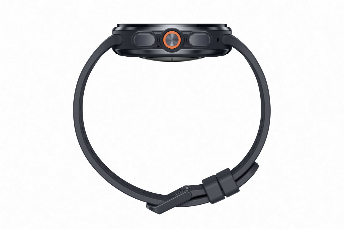 Reloj inteligente Galaxy Watch Ultra 2 Samsung con diseño de titanio y cristal de zafiro, vista lateral del smartwatch premium.