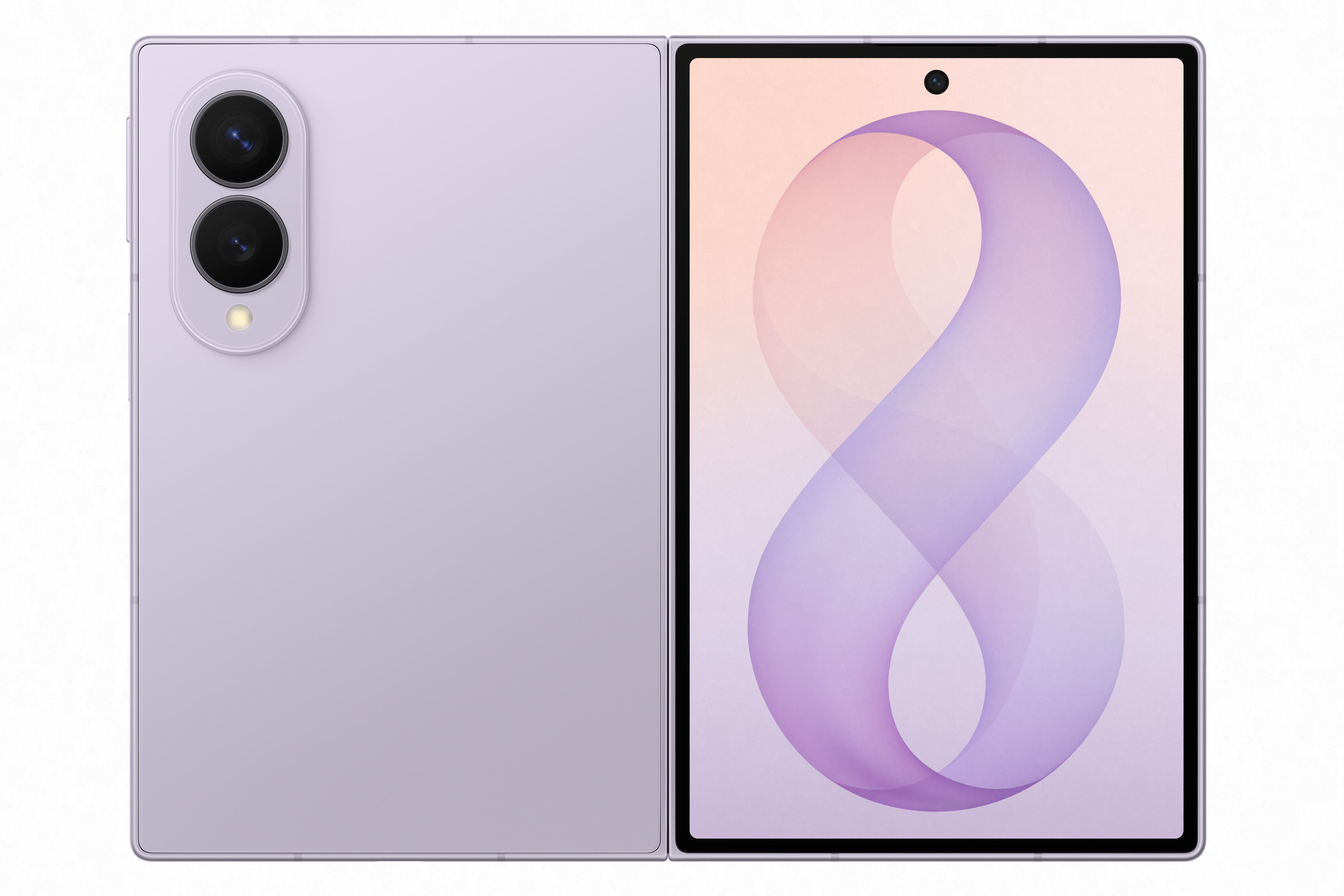 Celular Samsung Galaxy Z Fold8 5G 12GB RAM en lavanda, diseño plegable, pantalla externa con Gorilla Glass Ceramic 2, vista frontal.