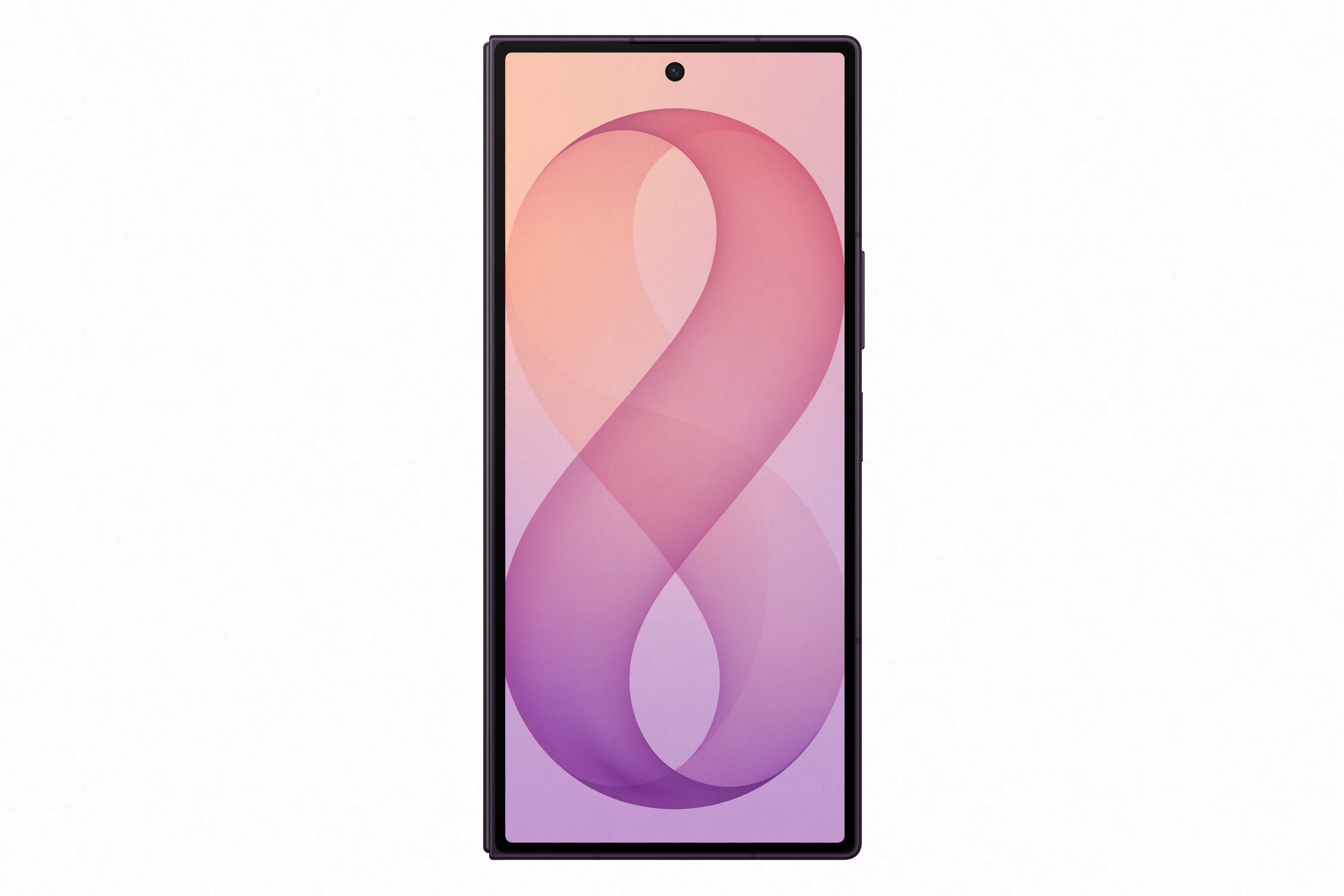 Telefono celular Galaxy Z Fold8 Ultra con pantalla plegable y diseño elegante, mostrando número ocho en tonos rosados.