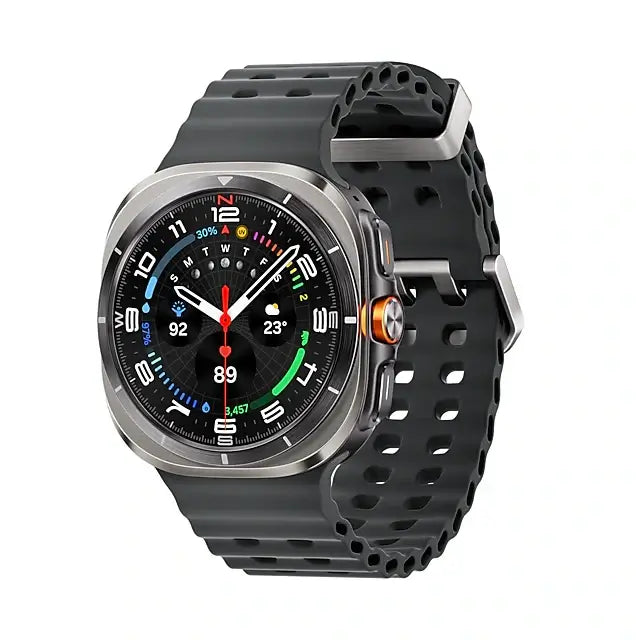 SAMSUNG L705 WATCH ULTRA 47MM 2025 TITANIUM SILVER smartwatch with durable design and advanced technology features displayed on a wristband.