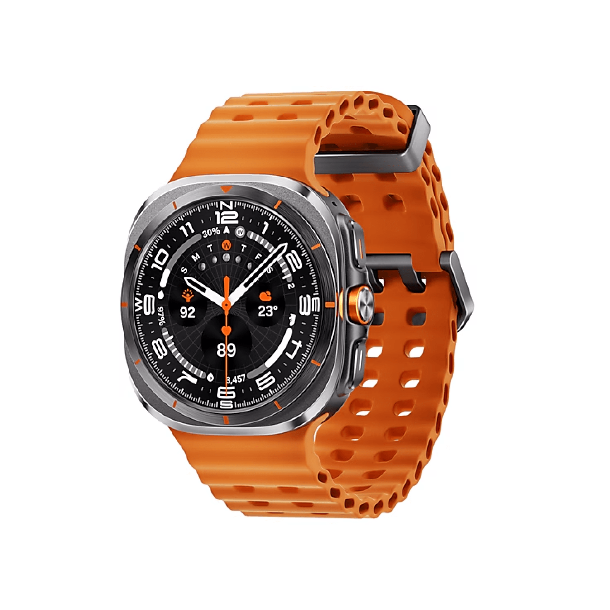 SAMSUNG L705 WATCH ULTRA 47MM 2025 TITANIUM SILVER with orange strap, designed for extreme adventurers and athletes.