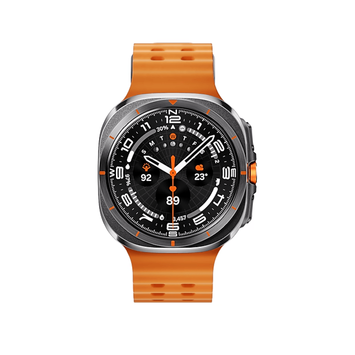 SAMSUNG L705 WATCH ULTRA 47MM 2025 TITANIUM SILVER with orange band, designed for extreme adventurers with advanced BioActive sensors.