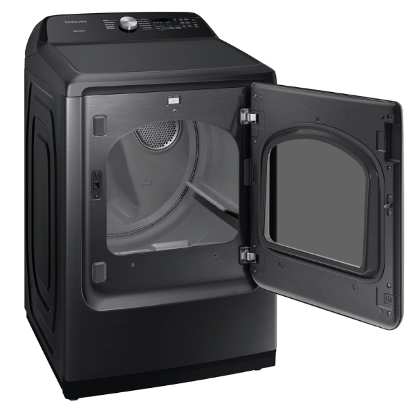 Secadora gas Samsung 24 kg de carga frontal en color negro con puerta abierta, ideal para el hogar.