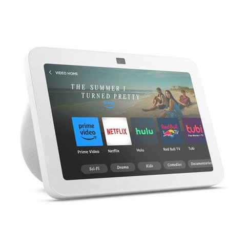 AMAZON ECHO SHOW 8 BLANCO con pantalla táctil HD y Alexa, mostrando aplicaciones de streaming como Netflix y Prime Video.