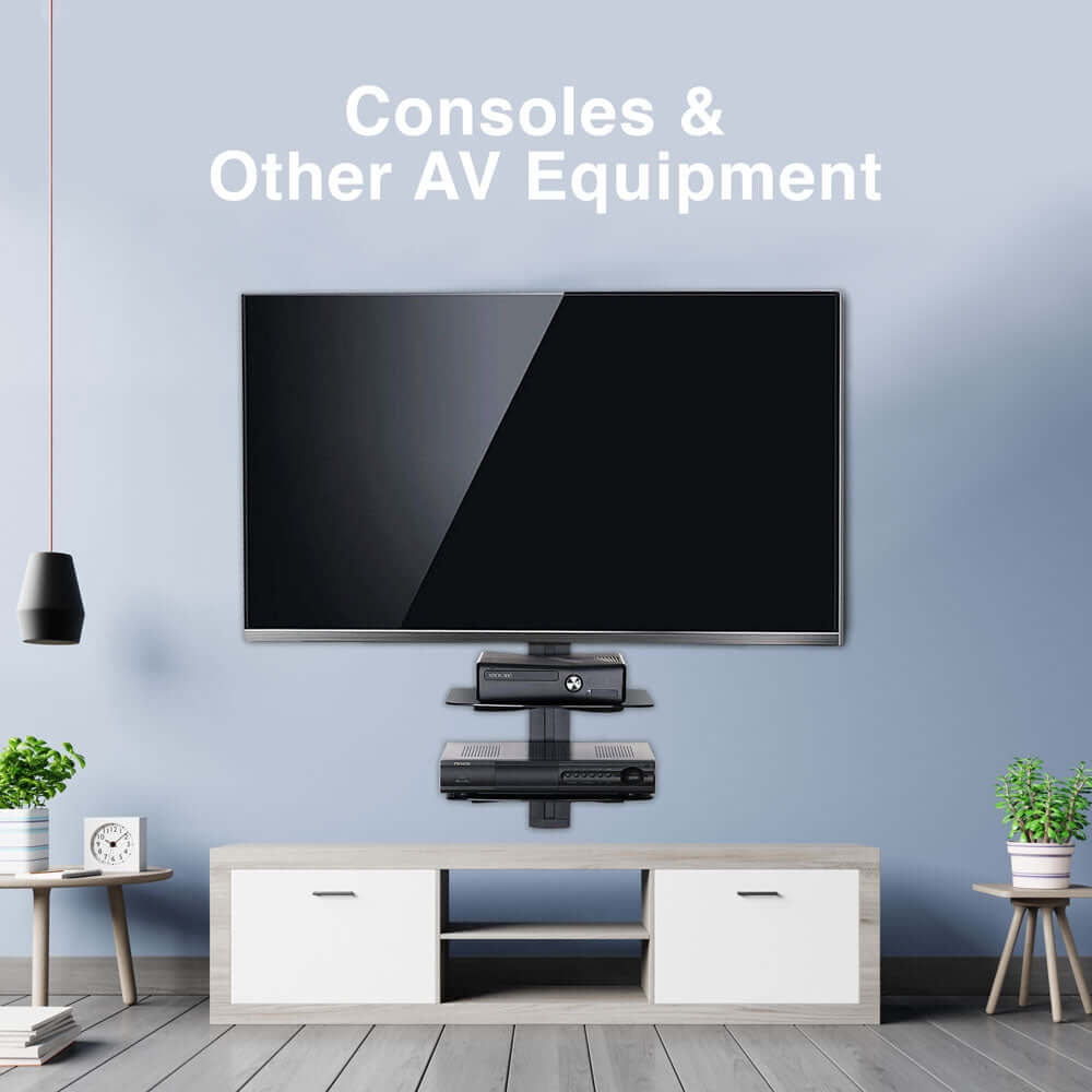 soporte de pared con estantes para consolas y otros equipos AV en un entorno moderno.