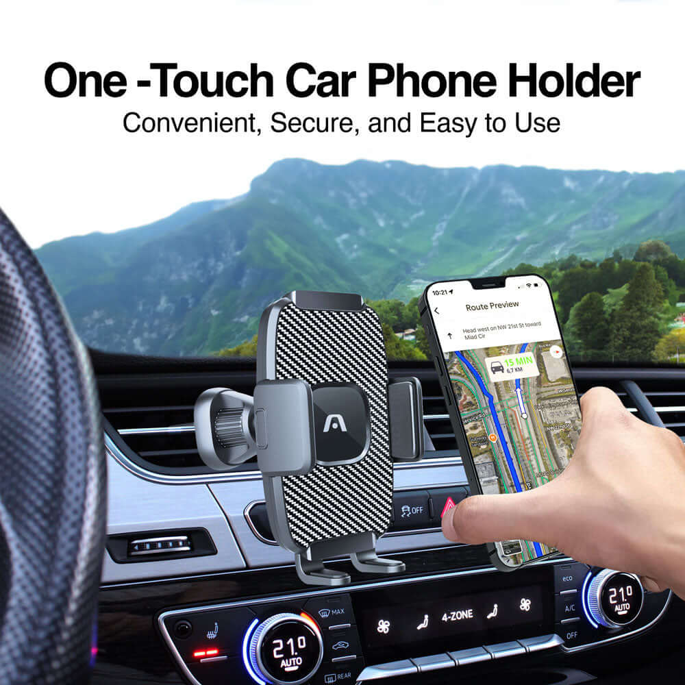 Soporte teléfono coche un solo toque, fácil de usar y seguro para conducir con manos libres.