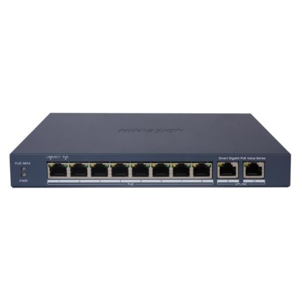 SWITCH HIKVISION DS-3E1510P-EI/M(O-STD)(B) 10 PUERTOS (8 POE + 2 RJ45 GIGABIT) 20 GBPS ADMINISTRABLE 301803447 vista frontal con 8 puertos PoE y 2 Gigabit