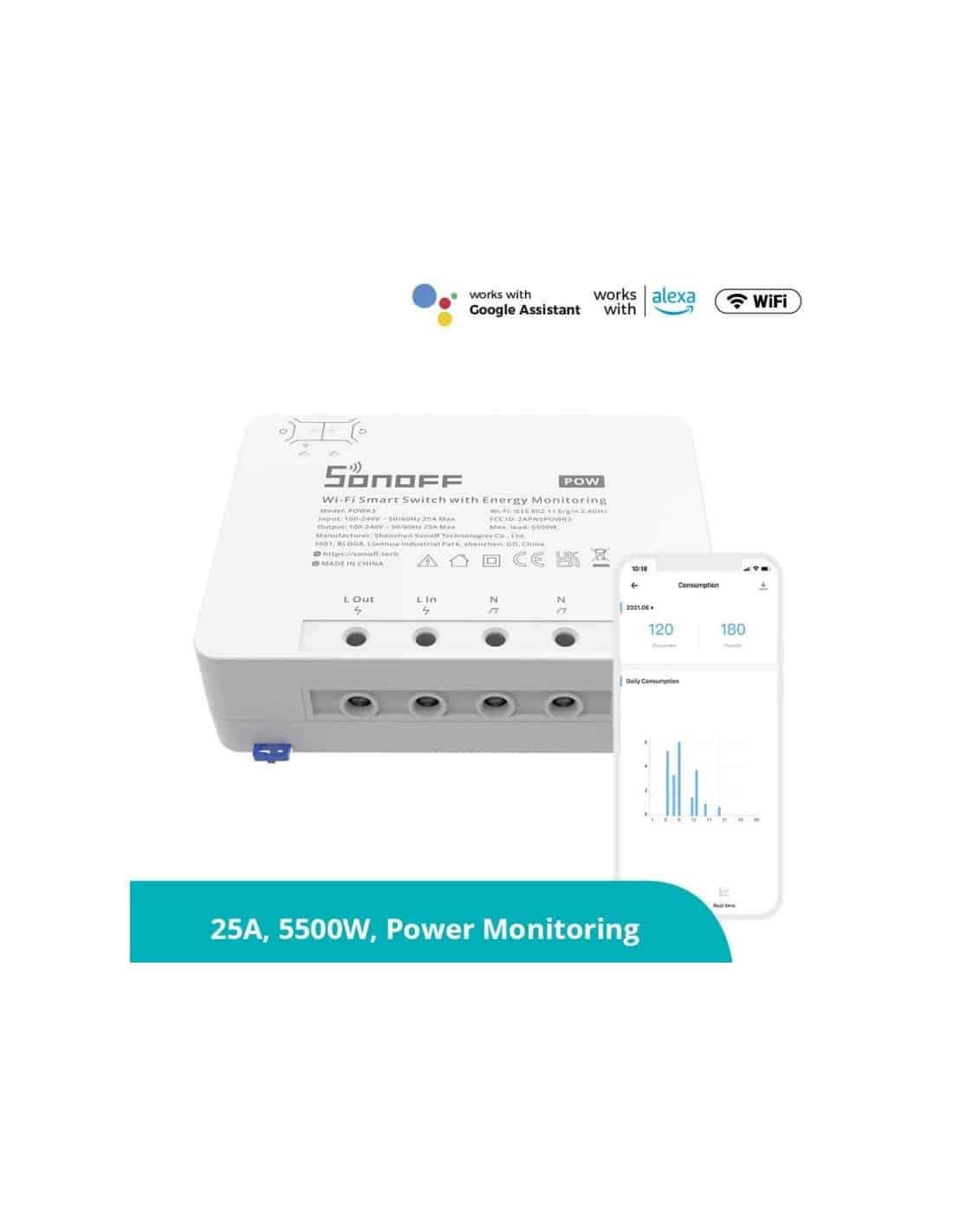 Switch lineal de 25amps con monitor de consumo Sonoff POWR3 Apagadores Inteligentes Costa Rica