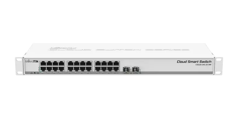 Switch MikroTik administrable Capa2 con 24 puertos gigabit y 2 ranuras SFP+ - vista frontal del switch blanco con puertos RJ45 y SFP+