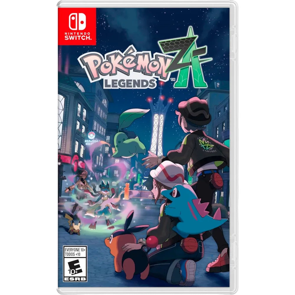 Nintendo Switch cover of JUEGO LEYENDAS POKÉMON ZA featuring characters in a dynamic city scene at night.