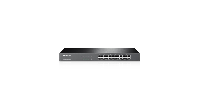 SWITCH TP LINK 24 PUERTOS 110/220V RACKMOUNT TL-SG1024 frontal view of rackmount Ethernet switch with 24 ports